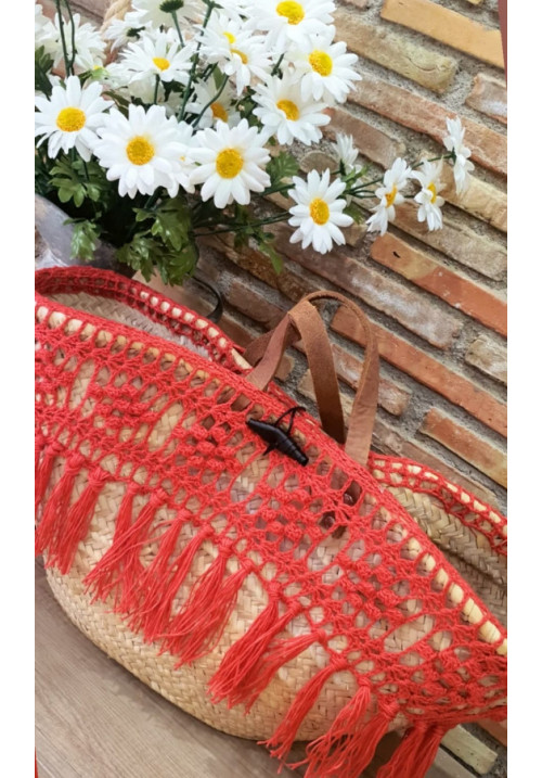 CESTA CROCHET FRAMBUESA CON FLECOS